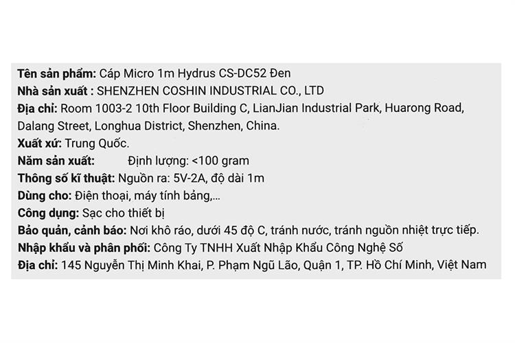 Cáp sạc USB-A - Micro USB 10W 1m Hydrus CS-DC52 Màu Đen