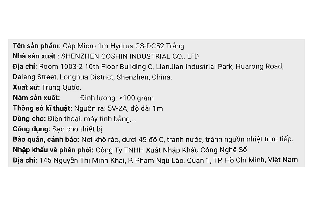 Cáp sạc USB-A - Micro USB 10W 1m Hydrus CS-DC52 Màu Trắng