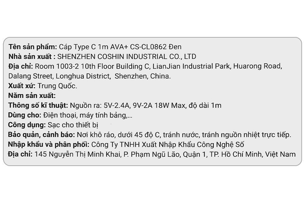 Cáp sạc nhanh USB-A - Type-C 18W 1m AVA+ CS-CL0862 Màu Đen