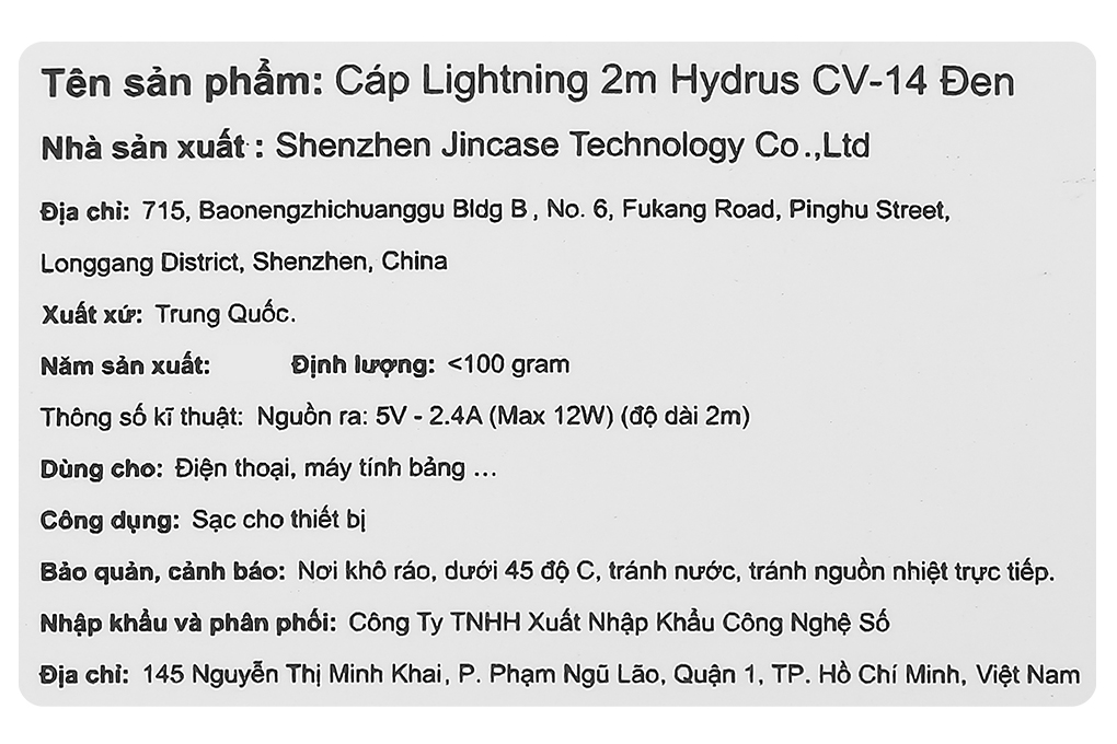 Cáp sạc và truyền dữ liệu USB-A - Lightning 12W 2m Hydrus CV-14 Màu Đen