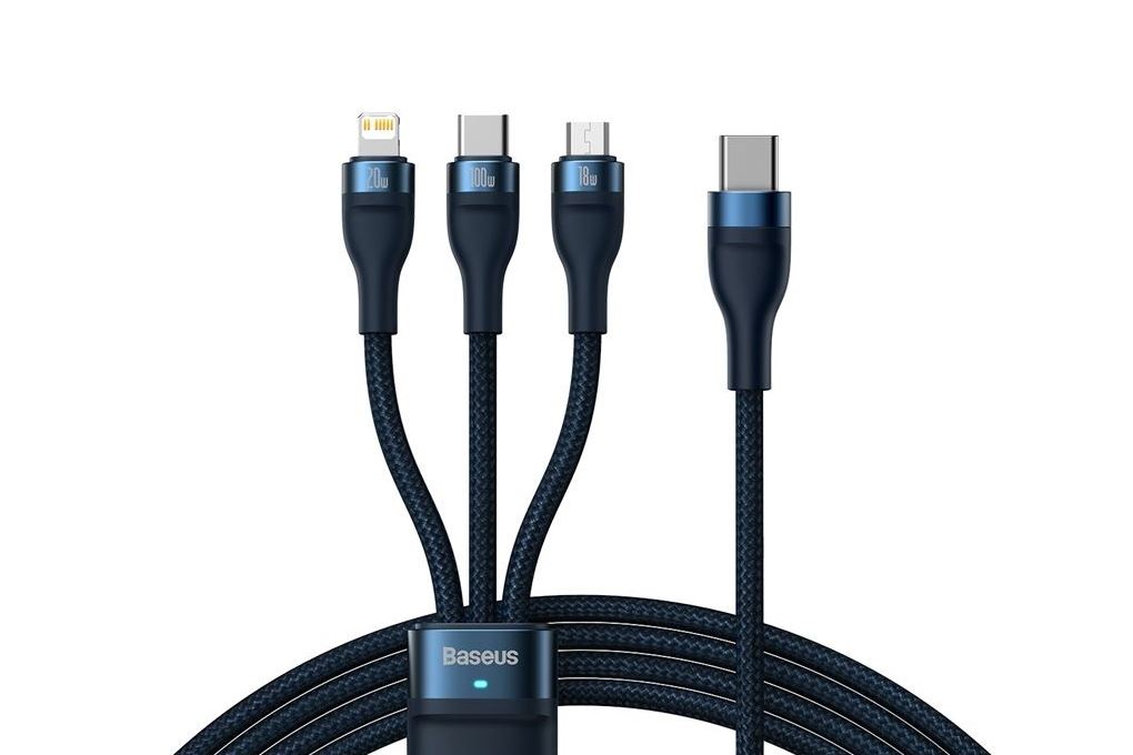 Cáp sạc nhanh 3 đầu Type-C - Type-C Lightning Micro USB 100W 1.5m Baseus Flash Series 2 CB000004 Màu Xanh dương đậm