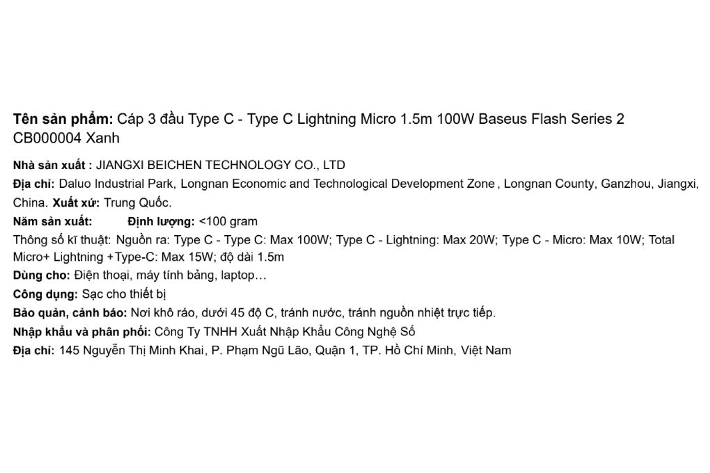 Cáp sạc nhanh 3 đầu Type-C - Type-C Lightning Micro USB 100W 1.5m Baseus Flash Series 2 CB000004 Màu Xanh dương đậm