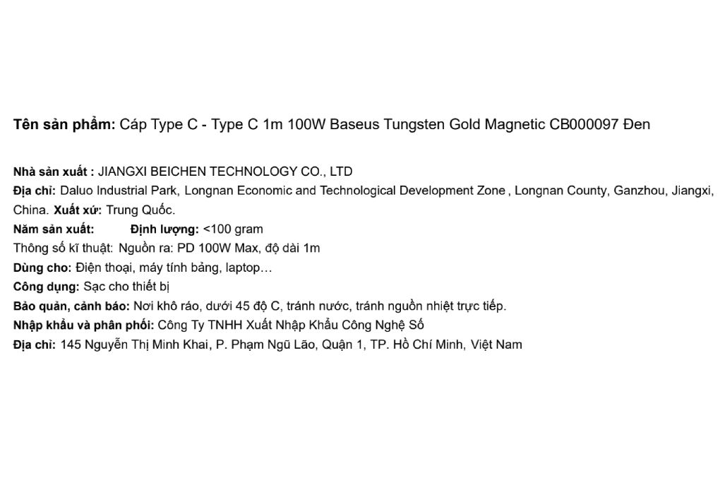 Cáp sạc nhanh Type-C - Type-C 100W 1m Baseus Tungsten Gold Magnetic CB000097 Màu Đen