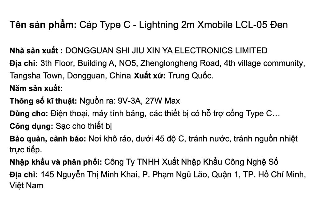 Cáp sạc nhanh Type-C - Lightning 27W 2m Xmobile LCL-05 Màu Đen