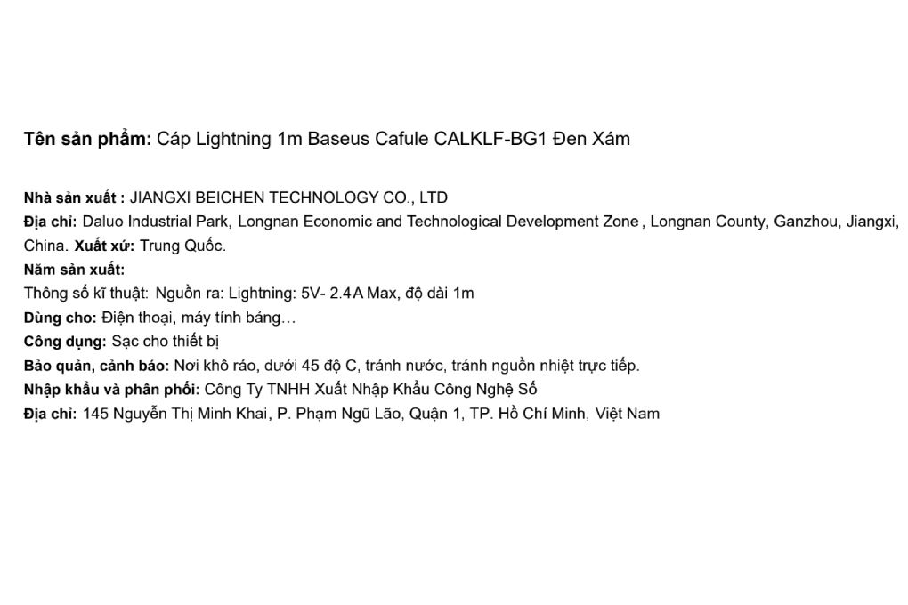 Cáp sạc USB-A - Lightning 12W 1m Baseus Cafule CALKLF-BG1 Màu Đen - Xám