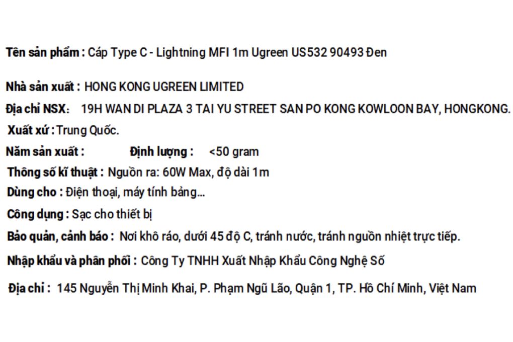 Cáp sạc nhanh và truyền dữ liệu Type-C - Lightning 20W 1m Ugreen US532 90493 Màu Đen