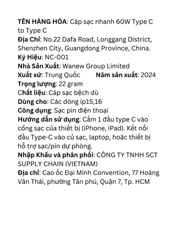 Cáp sạc Type C - Type C 1m NC-001 Màu Tím