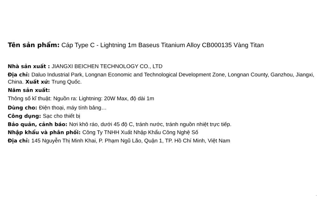 Cáp sạc nhanh Type-C - Lightning 20W 1m Baseus Titanium Alloy CB000135 Màu Xám/Vàng