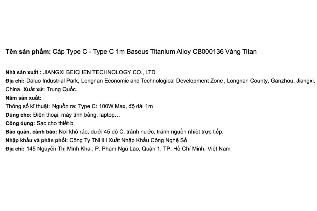 Cáp sạc nhanh Type-C - Type-C 100W 1m Baseus Titanium Alloy CB000136 Màu Xám/Vàng