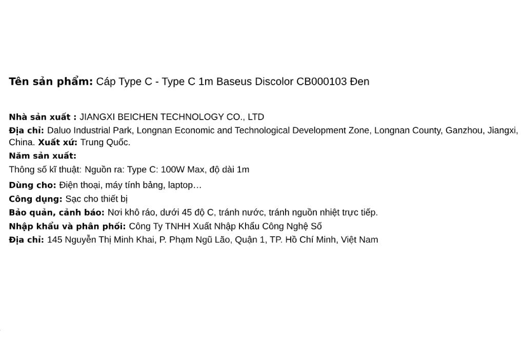 Cáp sạc nhanh Type-C - Type-C 100W 1m Baseus Discolor CB000103 Màu Đen