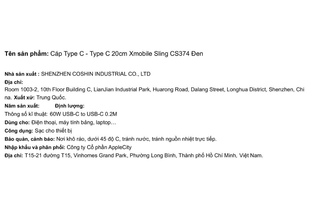 Cáp sạc nhanh Type-C - Type-C 60W 0.2m Xmobile CS374 Màu Đen