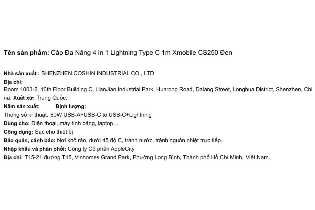 Cáp sạc nhanh đa năng 4 in 1 Lightning Type C 60W 1m Xmobile CS250 Màu Đen