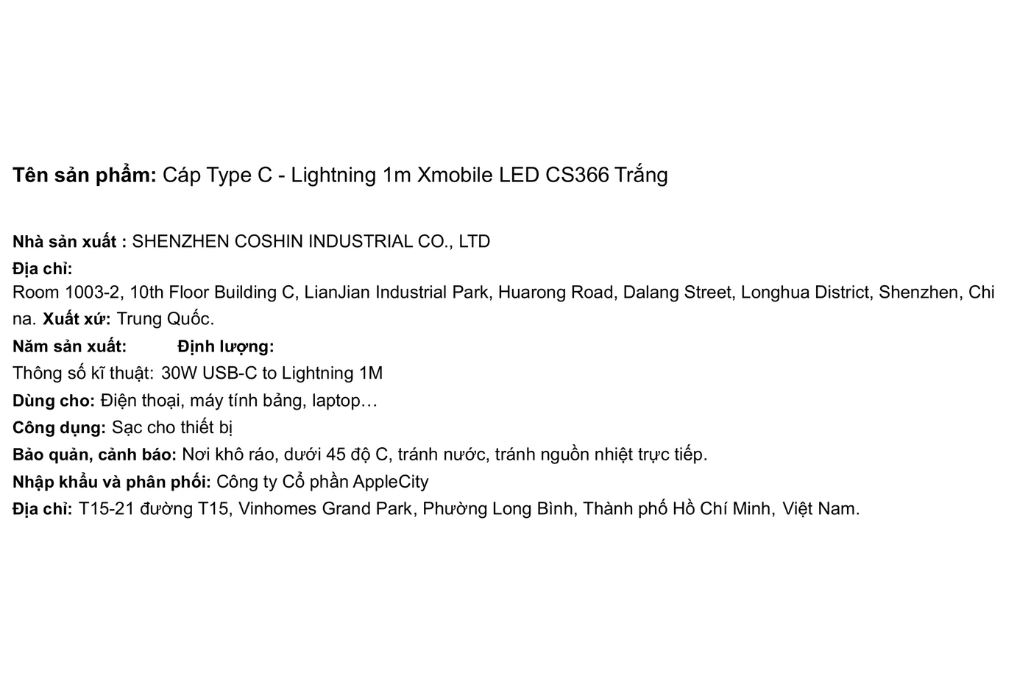 Cáp sạc nhanh Type-C - Lightning 30W 1m Xmobile LED CS366 Màu Trắng