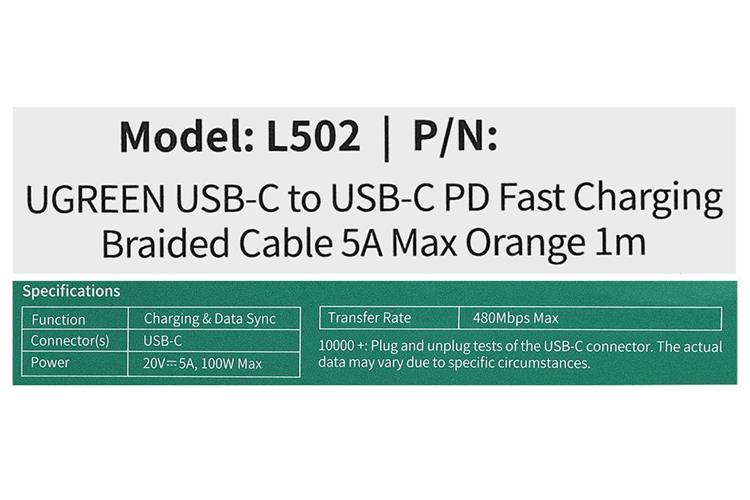 Cáp sạc nhanh và truyền dữ liệu Type-C - Type-C 100W 1m Ugreen L502 Màu Cam