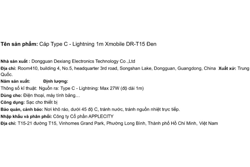 Cáp sạc nhanh Type-C - Lightning 27W 1m Xmobile DR-T15 Màu Đen