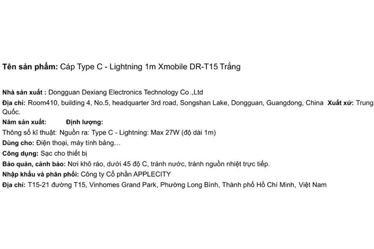 Cáp sạc nhanh Type-C - Lightning 27W 1m Xmobile DR-T15 Màu Trắng