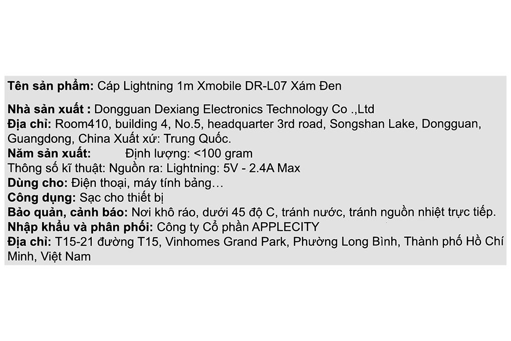 Cáp sạc USB-A - Lightning 12W 1m Xmobile DR-L07 Màu Xám đậm