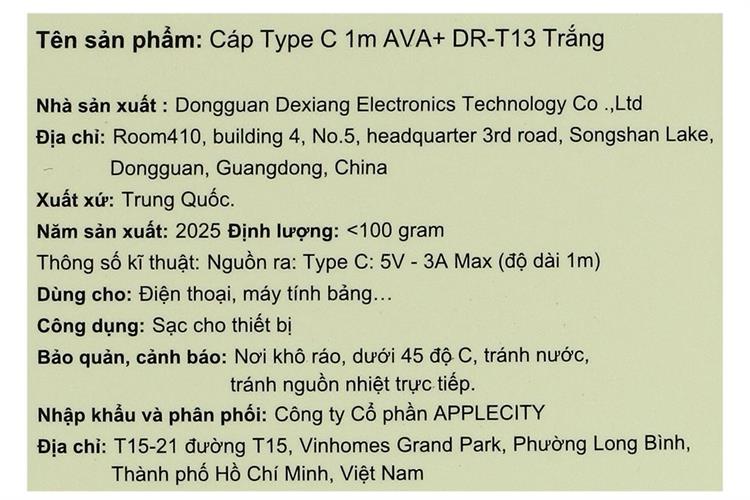 Cáp sạc USB-A - Type-C 15W 1m AVA+ DRT13 Màu Trắng