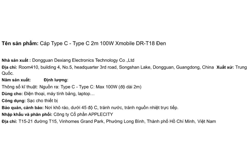 Cáp sạc nhanh Type-C - Type-C 100W 2m Xmobile DR-T18 Màu Đen
