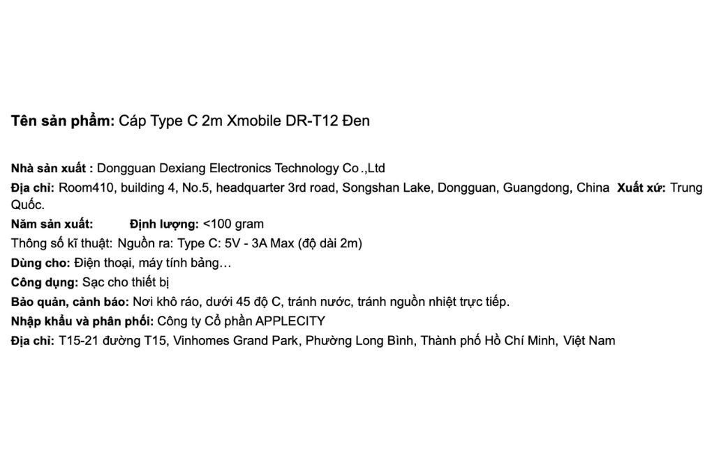 Cáp sạc USB-A - Type-C 15W 2m Xmobile DR-T12 Màu Đen