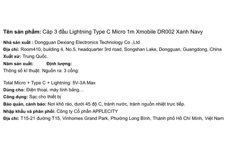 Cáp 3 đầu Lightning Type C Micro 1m Xmobile DR002 Xanh Navy Màu Xanh Navy