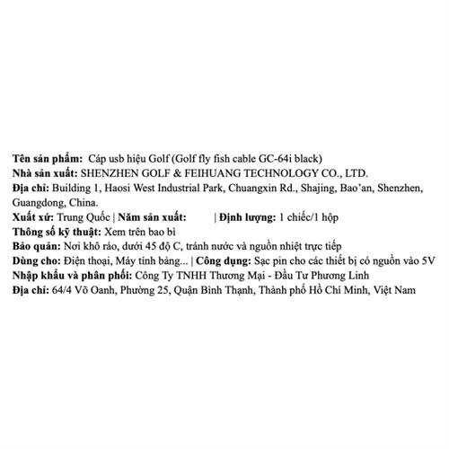 Cáp sạc nhanh và truyền dữ liệu USB A - Lightning 18W 1m Golf GC-64I - Đen Màu Đen
