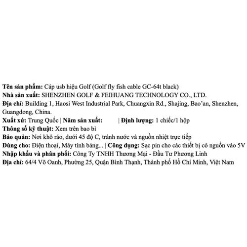 Cáp sạc nhanh và truyền dữ liệu USB A - Type C 1m Golf GC-64T - Đen Màu Đen