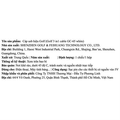 Cáp sạc nhanh và truyền dữ liệu 3 đầu USB A - Type C Lightning Micro USB 1m Golf GC-65 Màu Trắng