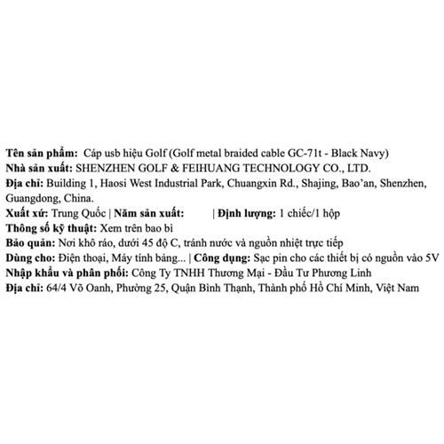 Cáp sạc nhanh và truyền dữ liệu USB A - Type C 1m Golf GC-71T Màu Xanh đen