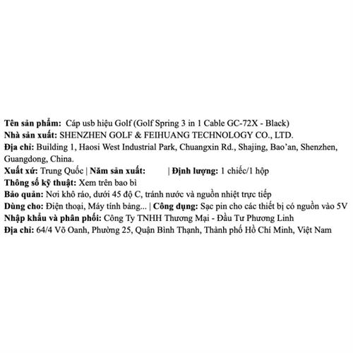 Cáp sạc nhanh và truyền dữ liệu 3 đầu USB A - Type C Lightning Micro USB 18W 1.5m Golf GC-72X Màu Đen