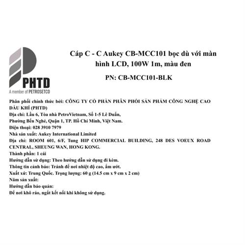 Cáp sạc nhanh và truyền dữ liệu Type-C - Type-C 100W 1m Aukey CB-MCC101 Màu Đen