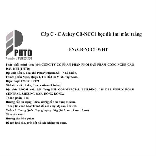 Cáp sạc nhanh và truyền dữ liệu Type-C - Type-C 60W 1m Aukey CB-NCC1 - Trắng Màu Trắng