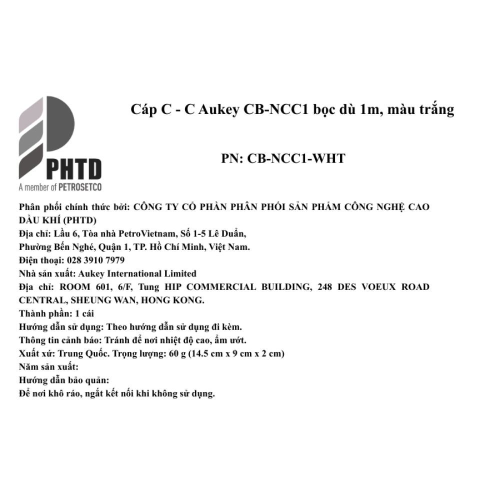 Cáp sạc nhanh và truyền dữ liệu Type-C - Type-C 60W 1m Aukey CB-NCC1 - Trắng - 7