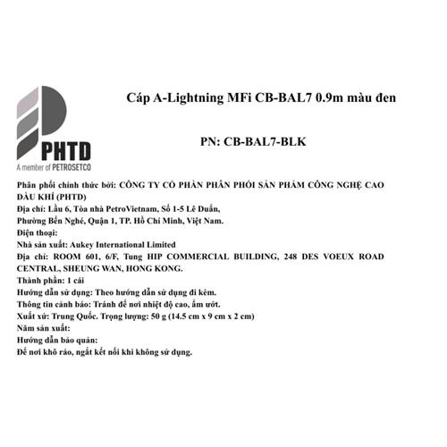 Cáp sạc và truyền dữ liệu USB-A - Lightning 12W 0.9m Aukey CB-BAL7 - Đen Màu Đen