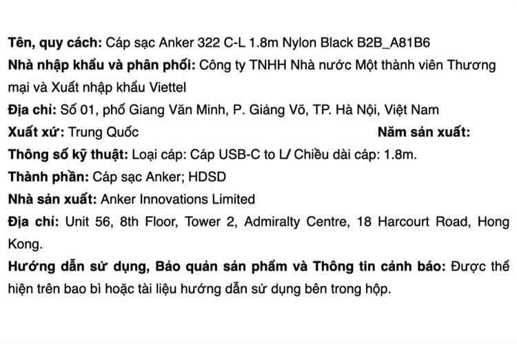 Cáp sạc nhanh Type C - Lightning MFI 20W 1.8m Anker 322 A81B6 Màu Đen