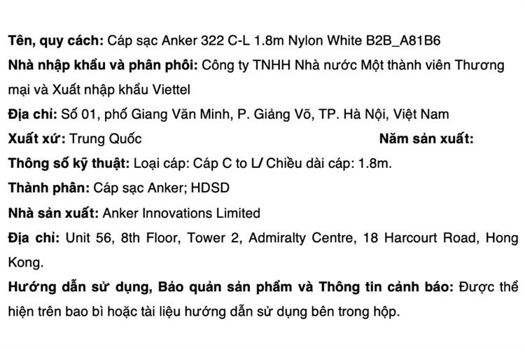 Cáp sạc nhanh Type C - Lightning MFI 20W 1.8m Anker 322 A81B6 Màu Trắng