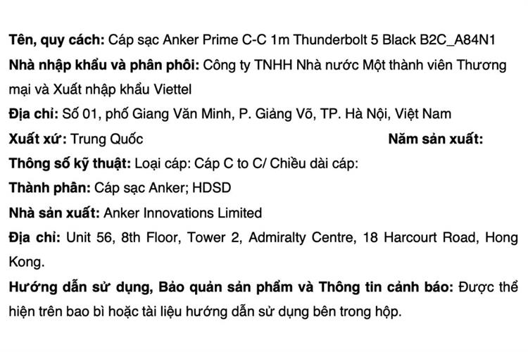 Cáp sạc nhanh Type C - Type C Thunderbolt 5 240W 80Gbps 1m Anker Prime A84N1 Màu Đen