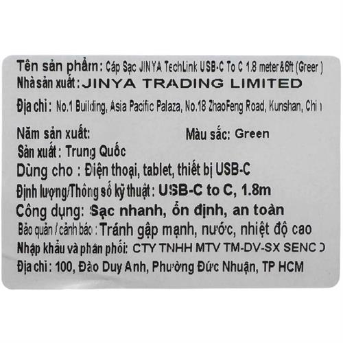 Cáp sạc nhanh và truyền dữ liệu Type-C - Type-C 60W 1.8m JINYA - Xanh lá Màu Xanh lá