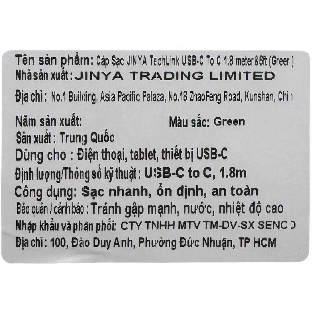 Cáp sạc nhanh và truyền dữ liệu Type-C - Type-C 60W 1.8m JINYA - Xanh lá Màu Xanh lá