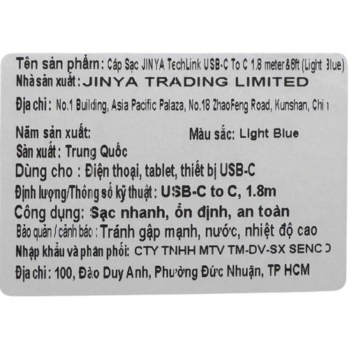 Cáp sạc nhanh và truyền dữ liệu Type-C - Type-C 60W 1.8m JINYA - Xanh nhạt Màu Xanh dương nhạt