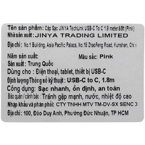 Cáp sạc nhanh và truyền dữ liệu Type-C - Type-C 60W 1.8m JINYA - Hồng Màu Hồng