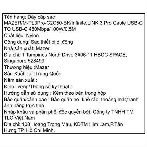 Cáp sạc nhanh và truyền dữ liệu Type-C - Type-C 100W 0.5m Mazer M-PL3PRO-C2C50-BK Màu Đen