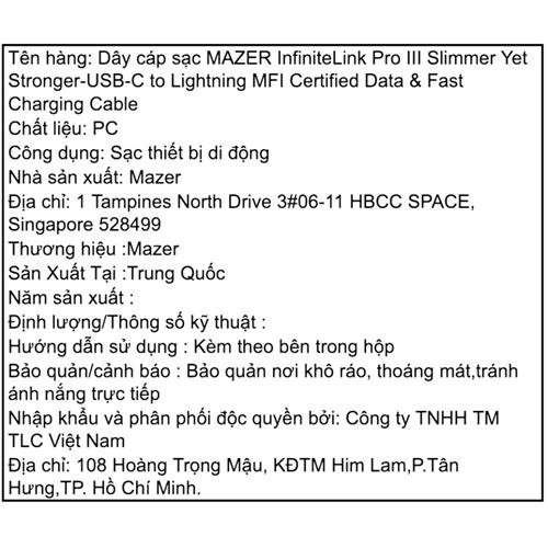 Cáp sạc nhanh và truyền dữ liệu Type-C - Lightning 30W 0.5m Mazer M-PL3Pro-C2L50-BK Màu Đen