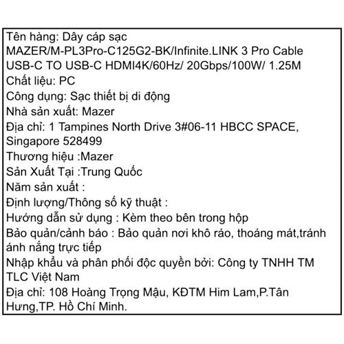Cáp sạc nhanh và truyền dữ liệu Type-C - Type-C 100W 1.25m Mazer M-PL3Pro-C125G2-BK Màu Đen