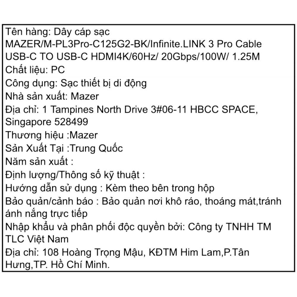 Cáp sạc nhanh và truyền dữ liệu Type-C - Type-C 100W 1.25m Mazer M-PL3Pro-C125G2-BK Màu Đen