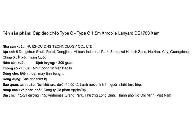 Cáp sạc nhanh đeo chéo Type C - Type C 1.5m Xmobile Lanyard DS1703 Màu Xám