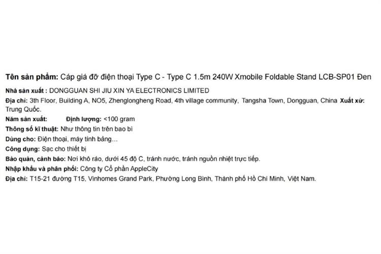 Cáp sạc nhanh giá đỡ điện thoại Type C - Type C 1.5m 240W Xmobile Foldable Stand LCB-SP01 Màu Đen