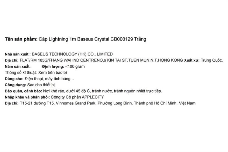 Cáp sạc USB A - Lightning 12W 1m Baseus Crystal CB000129 Màu Trắng
