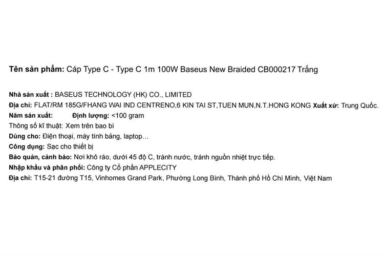 Cáp sạc nhanh Type-C - Type-C 100W 1m Baseus New Braided CB000217 Màu Trắng
