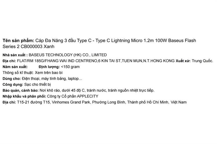 Cáp sạc nhanh đa năng 3 đầu Type C - Type C Lightning Micro 100W 1.2m Baseus Flash Series 2 CB000003 Màu Xanh dương đậm